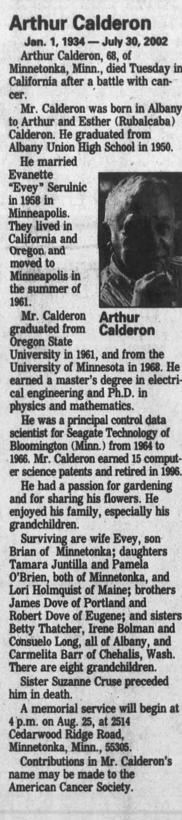 Obituary for Arthur Calderon, 1934-2002 (Aged 68)
